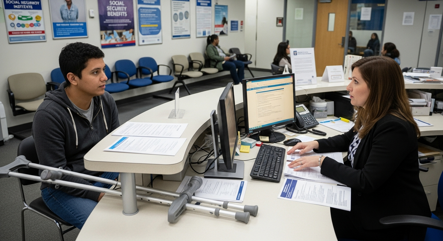 נכה עם קביים בלשכת ביטוח לאומי מגיש תביעת נכות כללית