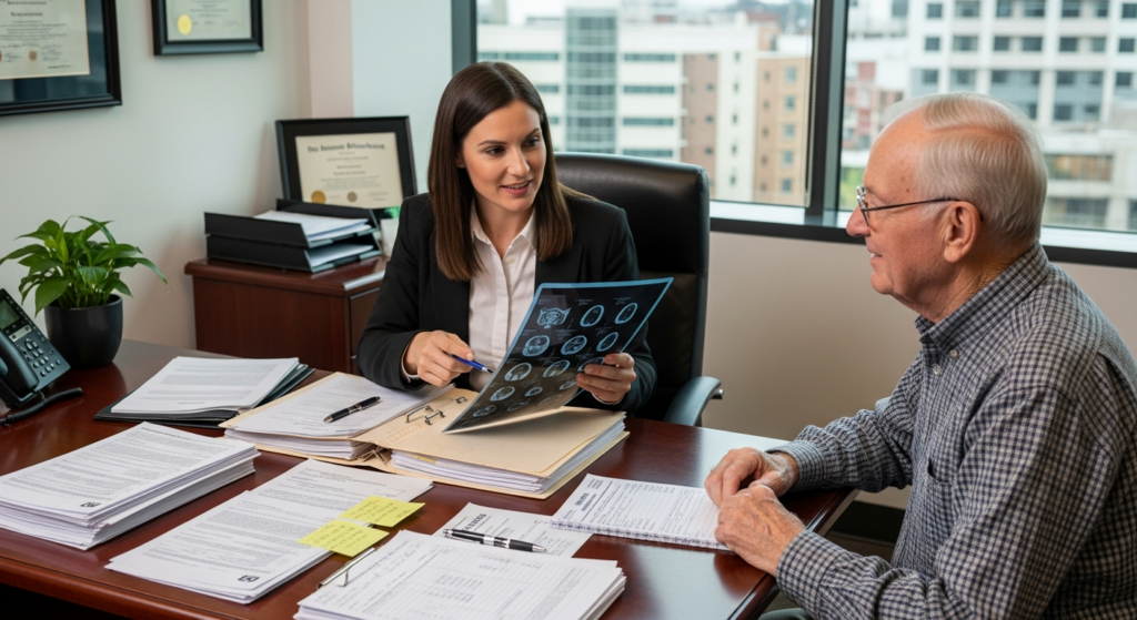 עורך דין נכות כללית עוזר ללקוח לארגן מסמכים רפואיים לוועדה
